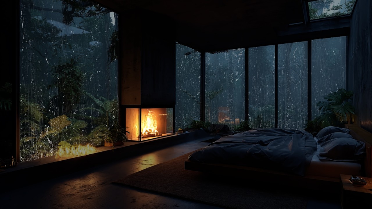 Night Rain and Fireplace Glow 🌧️ | Warm Bedroom Atmosphere for Deep Sleep