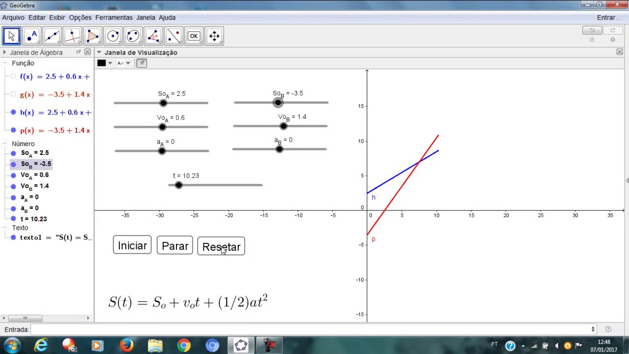 Física com Geogebra - MU e MUV - movimento de duas partículas