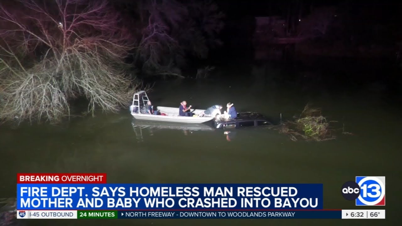 Homeless man rescues mom and baby after crash into Dickinson Bayou, officials say