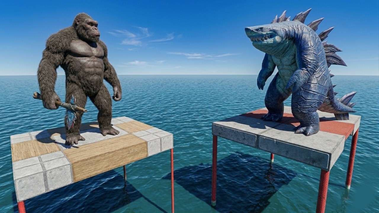 Mutant Primates Army Falling and Fight Sharkjira Team - Animal Revolt Battle Simulator