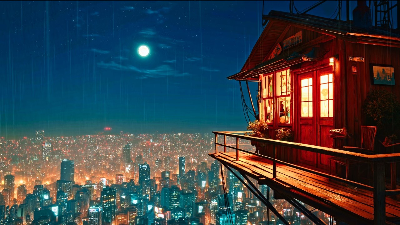 Heavy Rain at a Rooftop Cabin 🌧️ Cozy City Night for Sleep | 4K | 3 Hours