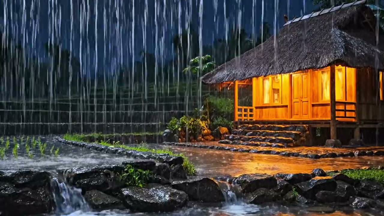 Звуки сильного дождя для сна ночью в традиционной бамбуковой хижине с соломенной крышей в Индонезии
