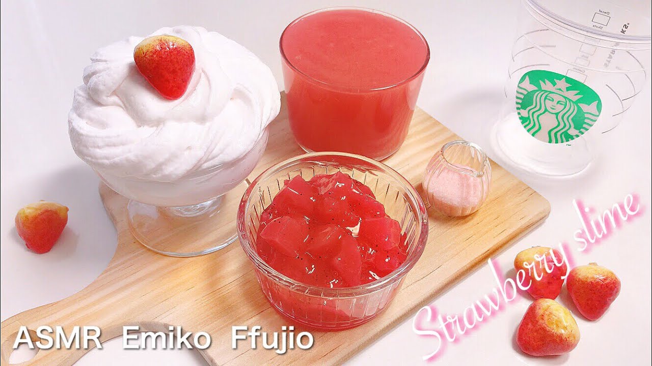 【ASMR】🍓ストロベリーフラペチーノスライム🥛を作る🍴【音フェチ】스트로베리후라페치노스라임  Strawberry Frappuccino slime