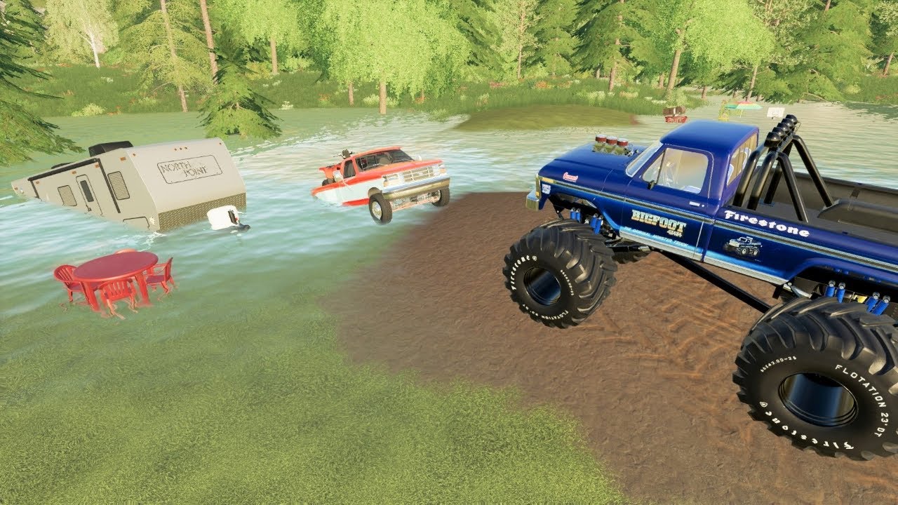 Saving campers stuck in mud and water with monster truck | Farming Simulator 19