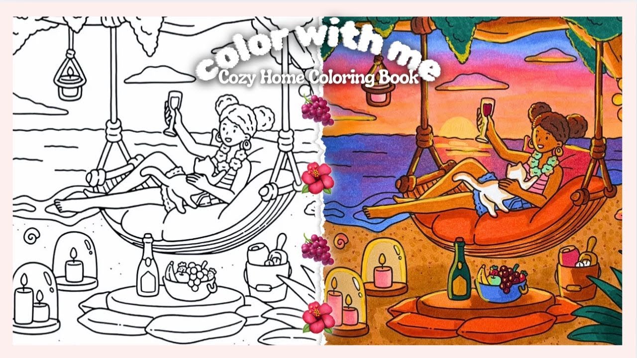 Color With Me 🍇 Cozy Home Coloring Book Tutorial | Sunset Beach (Chatty)