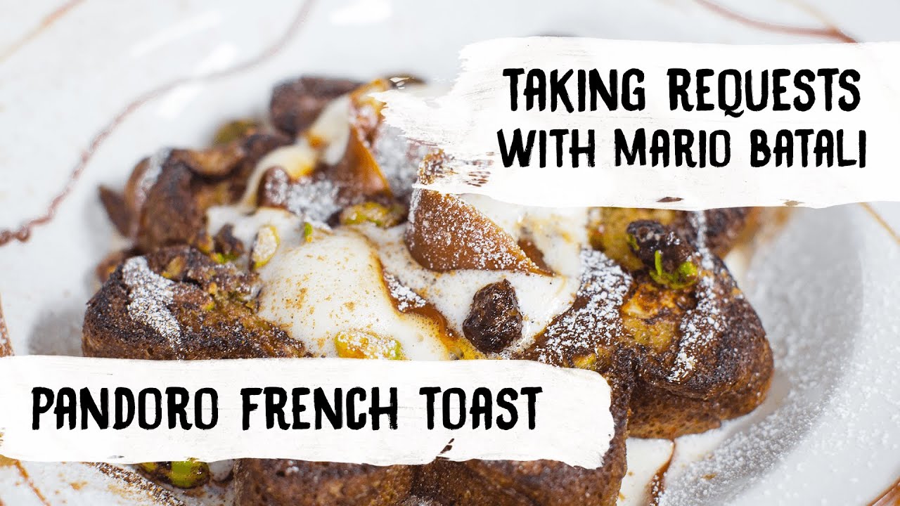 Mario Batali Cooks Pandoro French Toast with Pistachios + Caramel
