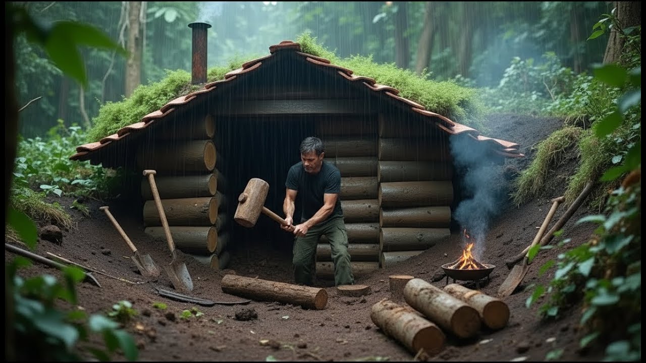 Primitive Underground Survival Shelter Built From Logs With A Handmade Clay Roof