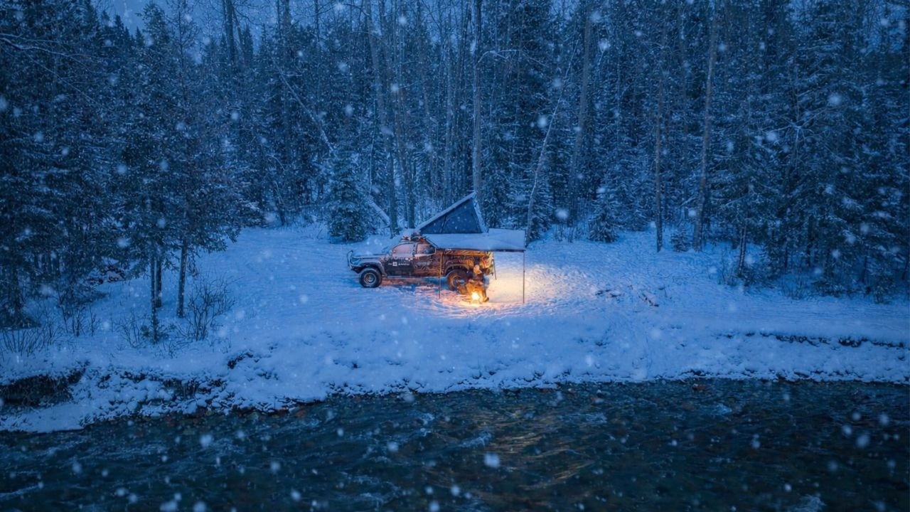 Peaceful Truck Camping During a Snowstorm in Montana