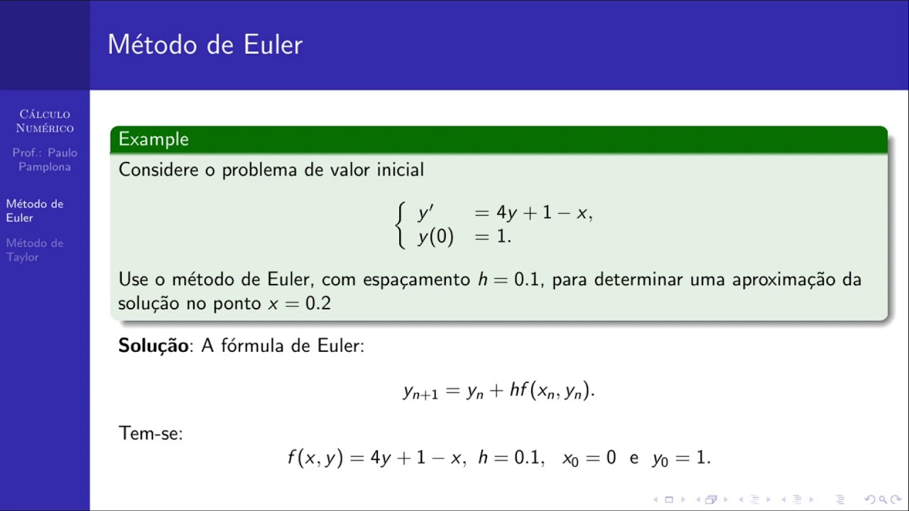 Aula 29 de Cálculo Numérico: Solução Numérica de EDO através dos Métodos de Euler e de Taylor