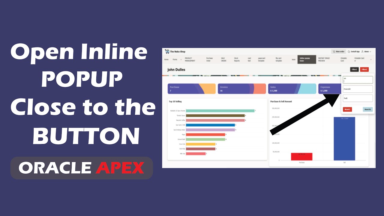Как открыть встроенное всплывающее окно рядом с кнопкой в ​​Oracle APEX.