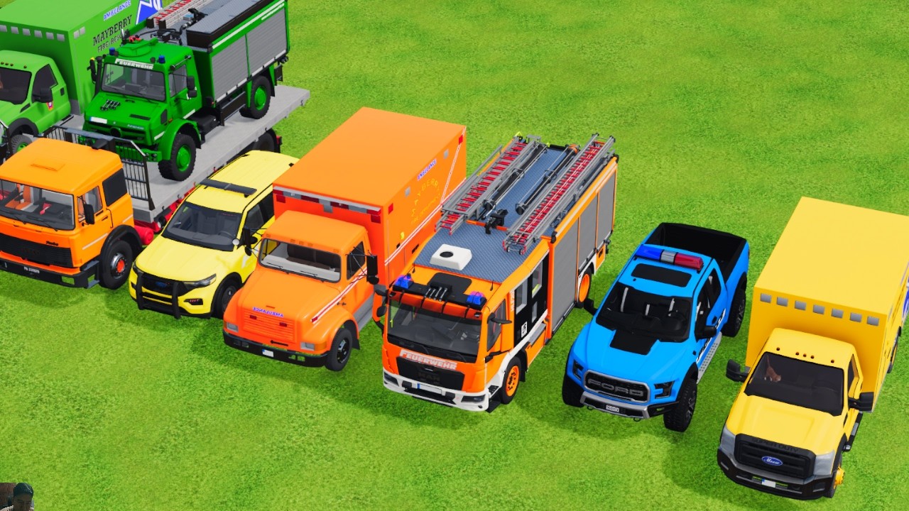 TRANSPORTING POLICE CARS, AMBULANCE, FIRE TRUCK, COLORFUL CARS WITH TRUCK GAME FARMING SIMULATOR 22