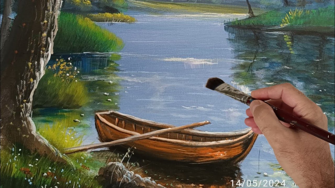Gölde Kayık Akrilik Boya   Landscape Acrylic Painting Art