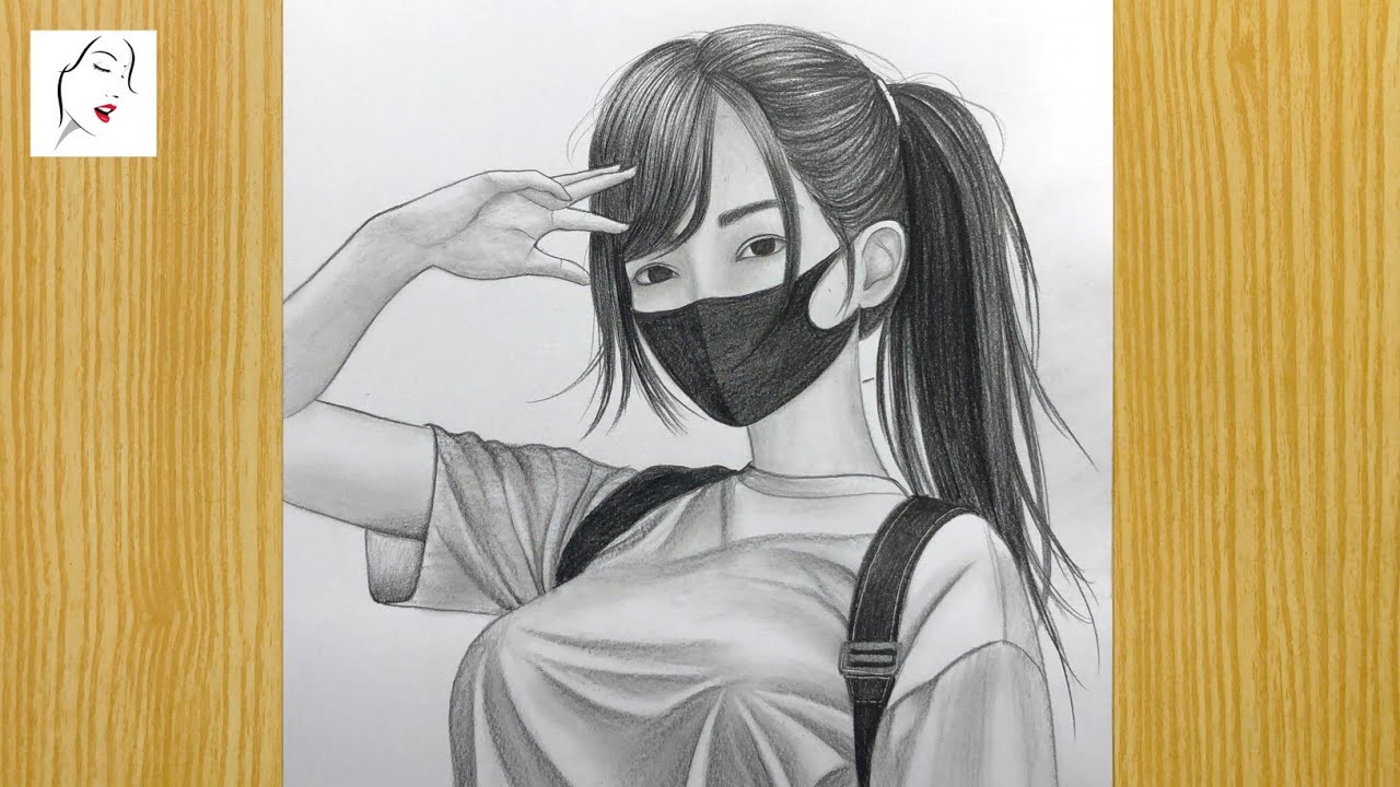 Girl With a Face Mask Protection Easy Pencil Sketch | Drawing Pictures | How To Draw A Girl | SKetch
