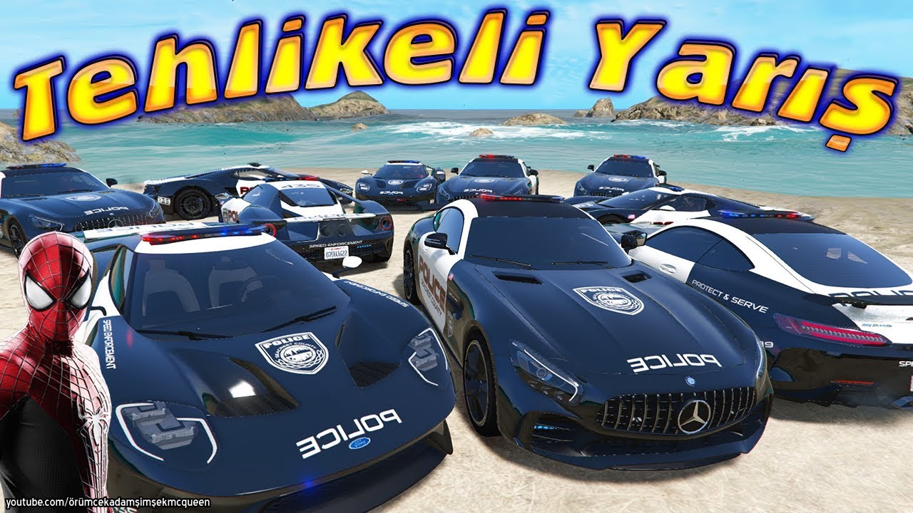 Tehlikeli Yarış Polis Arabası Ford ve Mercedes Challenge Örümcek Adam ve Örümcek Çocuk Yarışıyor