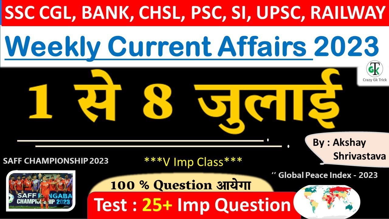 1 - 8 July 2023 Weekly Current Affairs | Most Important Current Affairs 2023 | Crazy Gk Trick