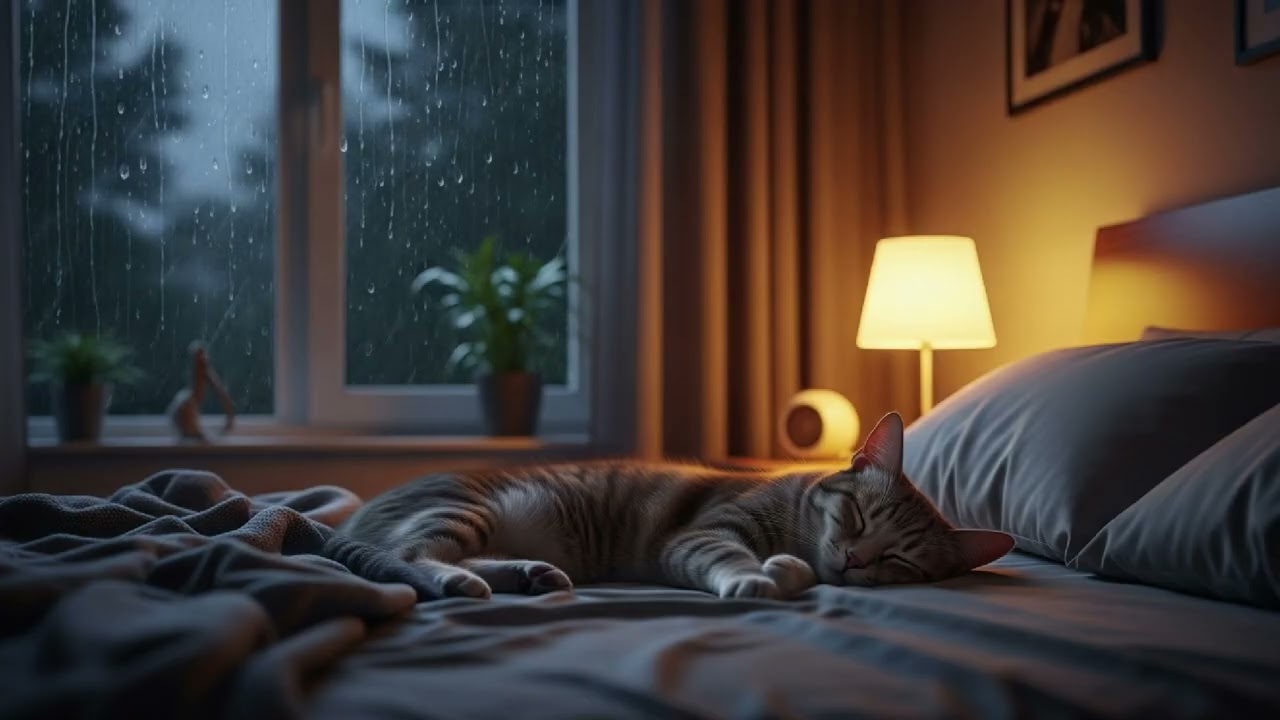 Relaxing Rain Sounds & Calming Music | Cozy Bedroom Ambience, Sleeping Cat at Night 🐱🌧️