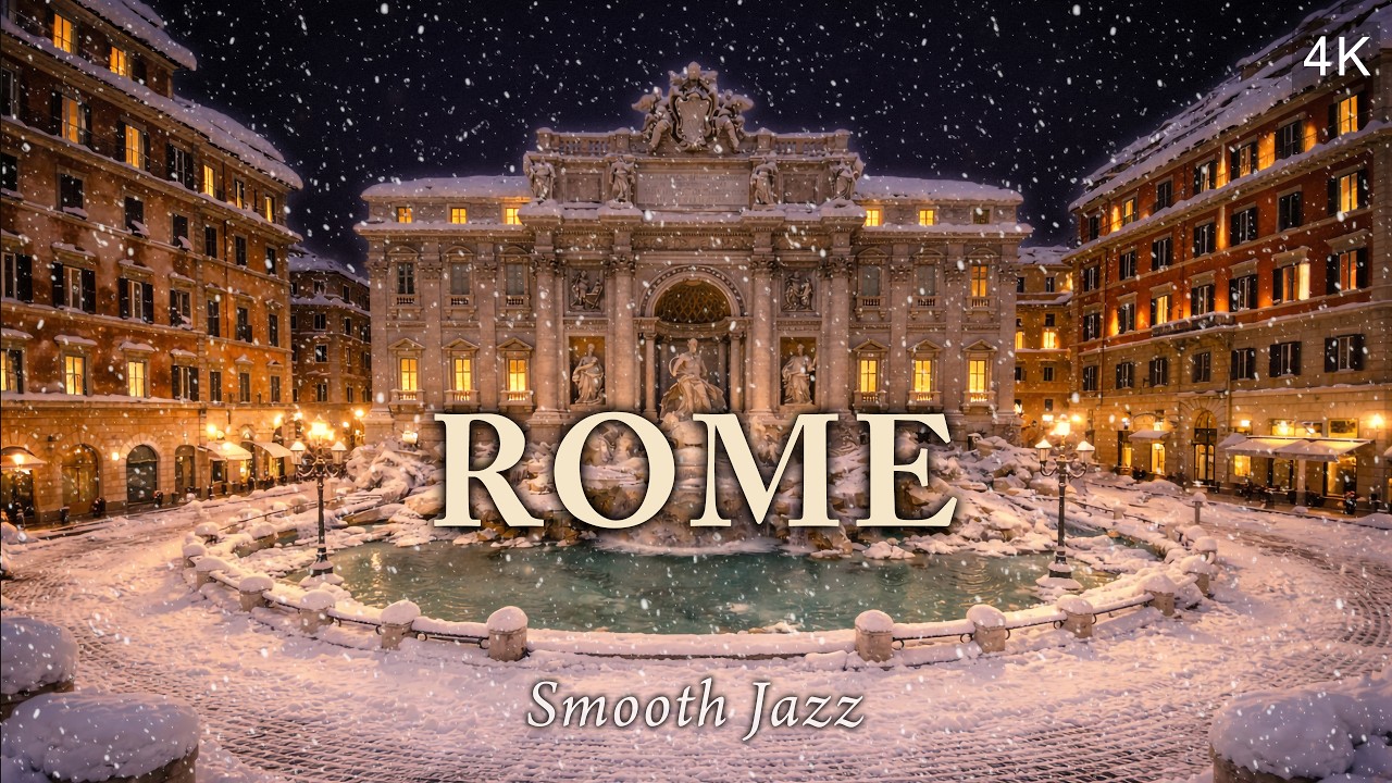 ❄️Trevi Fountain Snowy Night Ambiance – 1 Hour Smooth Jazz | Rome Night Vibes