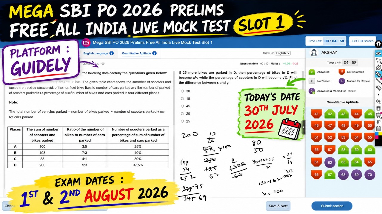🔥 Мега SBI PO 2026 LIVE MOCK | Бесплатный всеиндийский тест от Guidely | Слот 1 | Итоговое повтор...