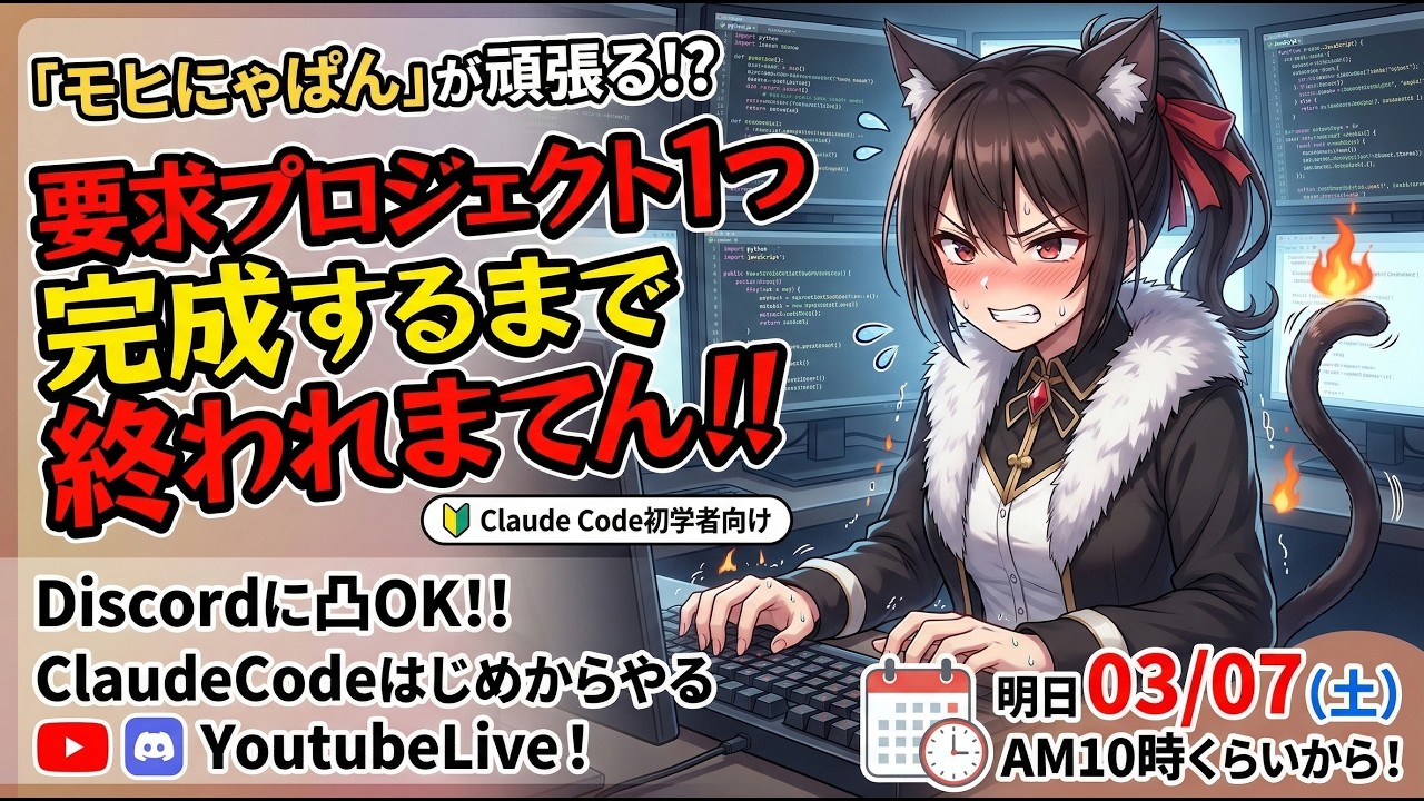 モヒにゃぱんが頑張る！？ClaudeCode 初学者向け YouTubeLive「要求プロジェクト1つ完成するまで終われまてん!! Discord凸OK！」