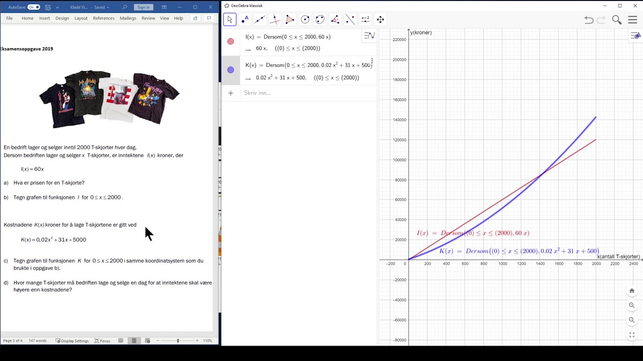 Funksjoner - Eksamensoppgave 2019 GeoGebra[Graftegner] - SKJÆRINGSPUNKT