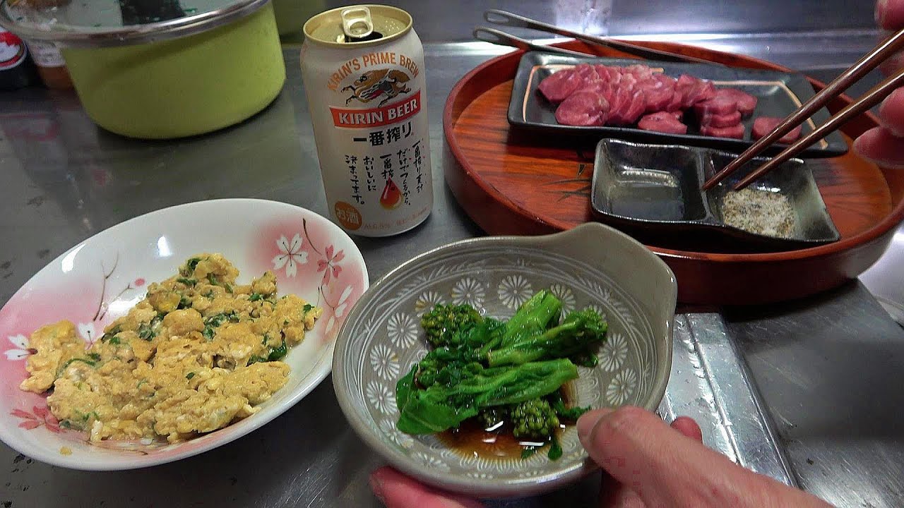 菜の花とハコベ摘みのち適当料理とイノシシのタン焼肉