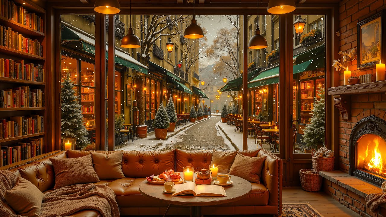 Tranquil Winter Coffee Shop Ambience ❄ Soft Jazz Music with Snowfall, Fireplace for Study & Work
