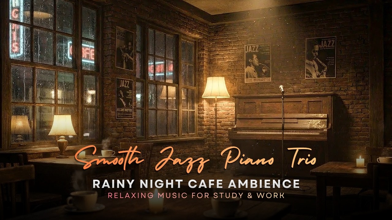 Smooth Jazz Piano Trio 🎹 Rainy Night Cafe Ambience | Relaxing Music for Study & Work