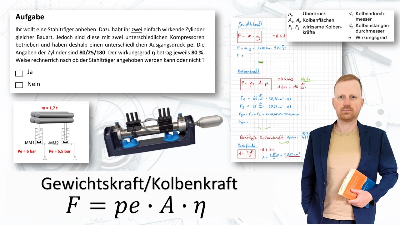 Pneumatik Prüfungsaufgabe 02 | Kolbenkraft berechnen - 1,7t Rundstahl anheben möglich?