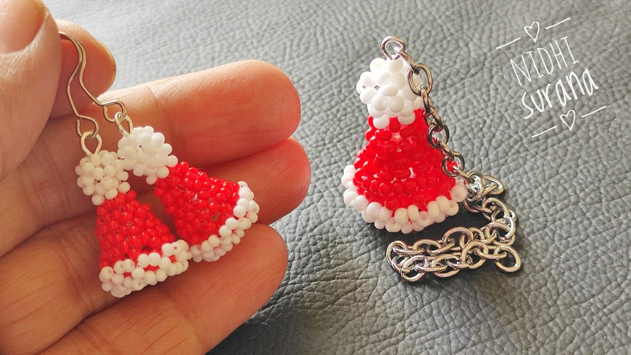 ⚜️3D Santa Hat with Seed beads/ Beaded Charm & Jewelry/ Aretes Tutorial diy (0556)
