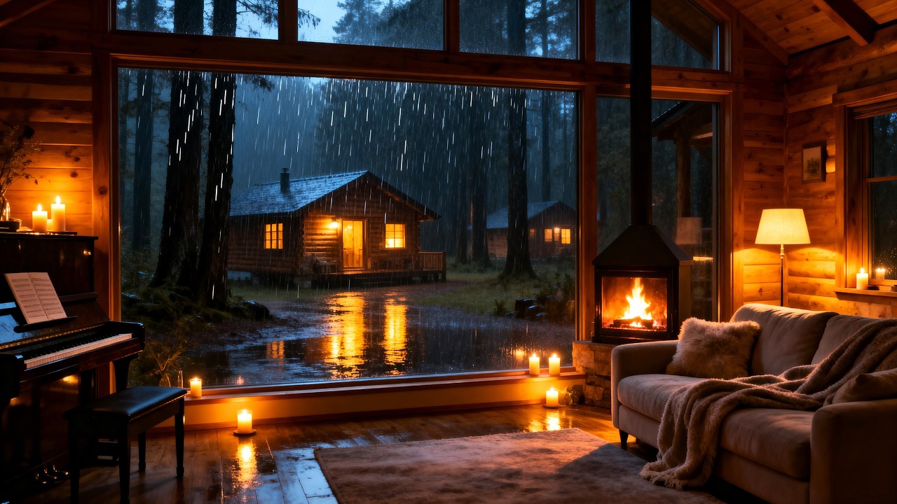 🎹 Ночь 🌧️🔥 в домике в дождливом лесу Уютное пианино Джаз у камина