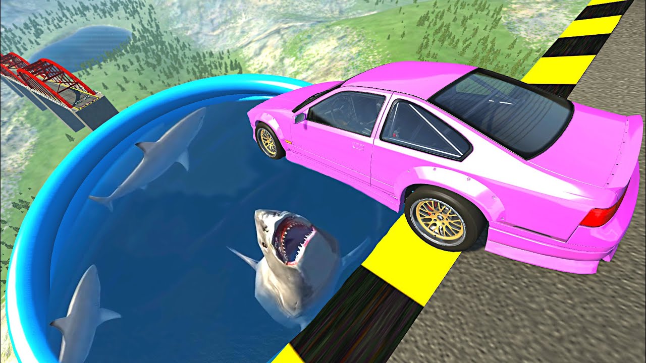 Beamng drive - Открытый мост рухнул над бассейном с голодными акулами