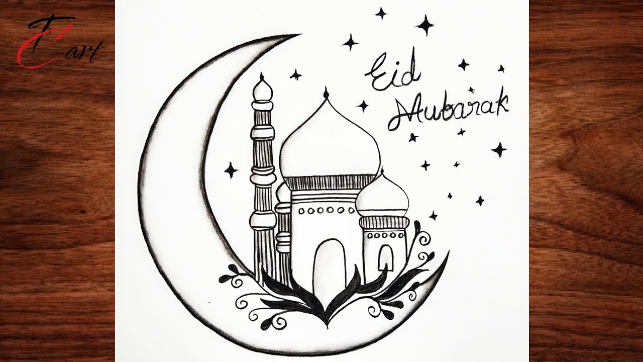 How to Draw Easy Eid Mubarak Drawing 🌙 Moon and Mosque Drawing | Easy Eid Drawing Step by Step