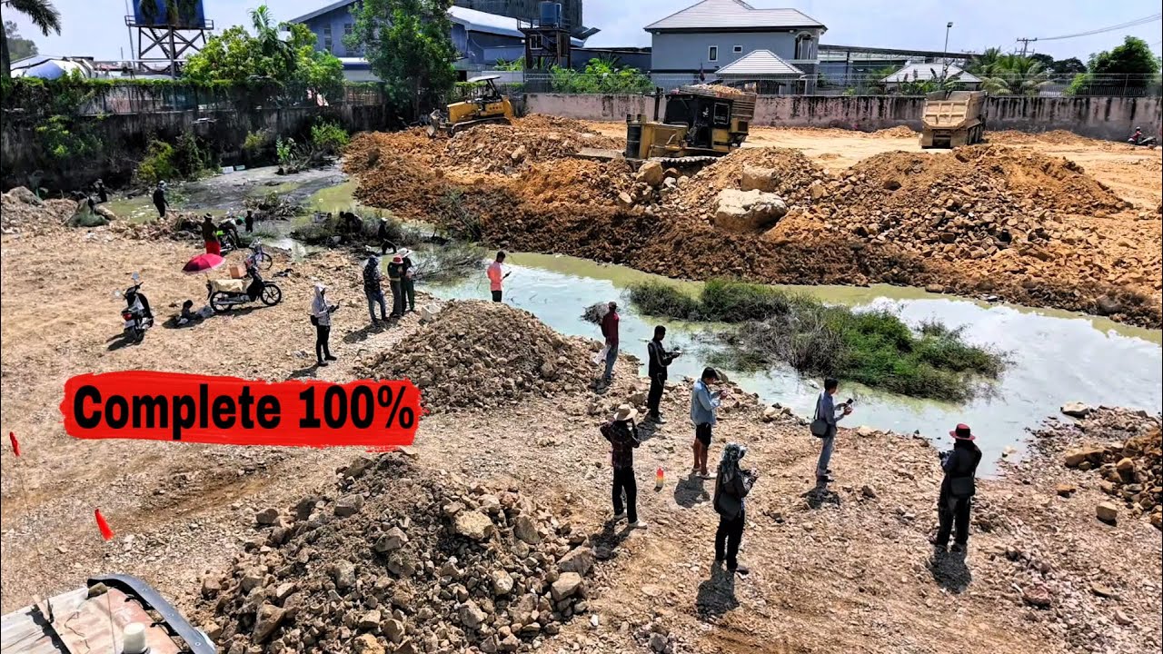 Complete Success Bulldozer KOMATSU D41P Pouring Soil,Filling More,Working Perfect Using Water Stone