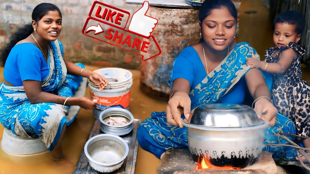 மழையிலையும் தண்ணீலையும் சிரமப்பட்டு சமைத்த மீன் குழம்பு