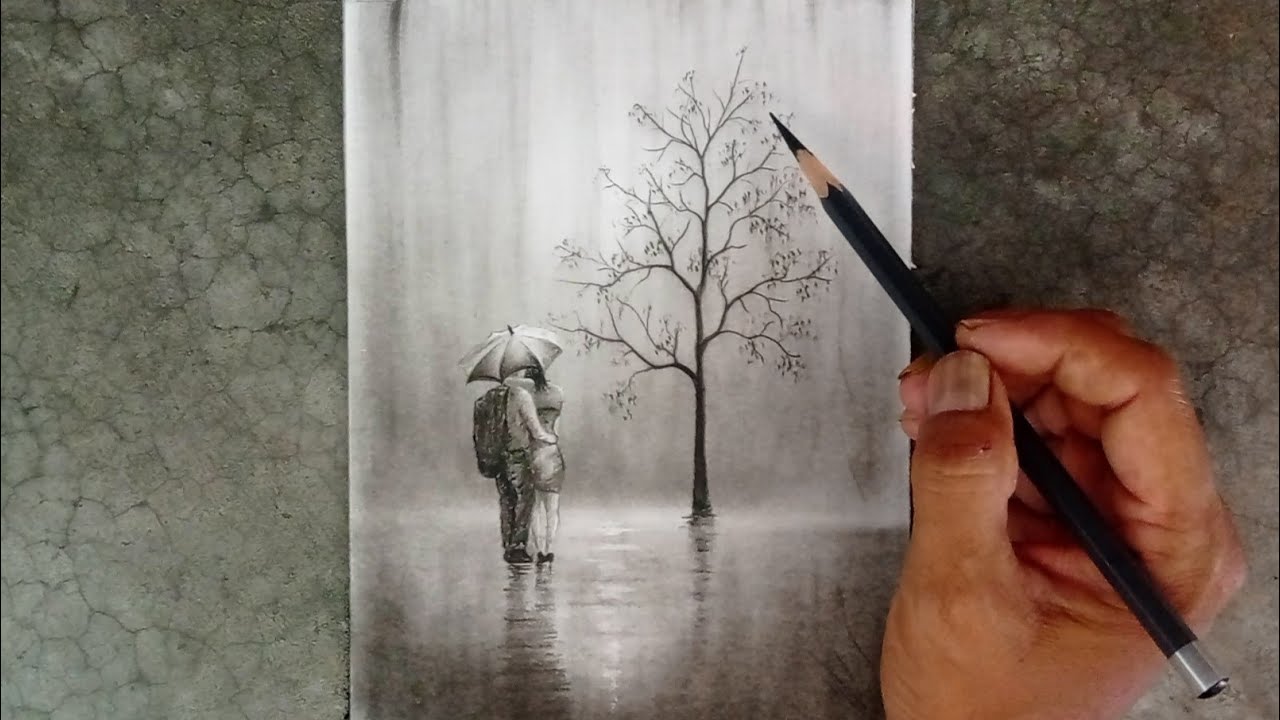Landscape drawing in pencil of a scene of a couple walking with an umbrella on a rainy night.
