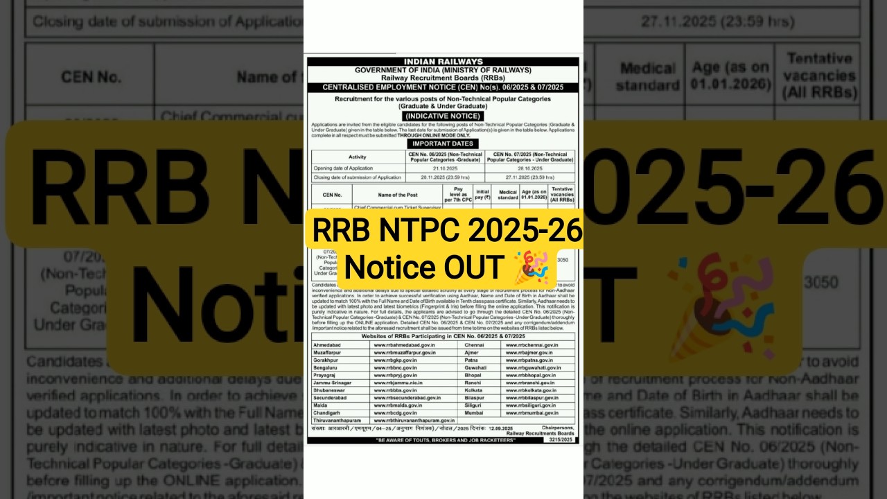 RRB NTPC 2025-26 | Short Notice OUT | Form Date, Eligibility, Exam Pattern, Age Limit & Salary