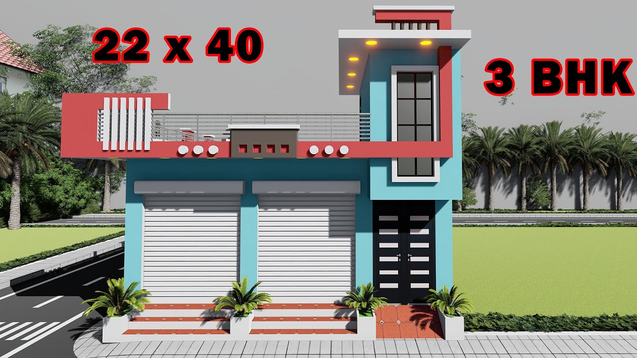 आगे दुकान पीछे तीन कमरे का मकान 3D 22 by 40 ghar ka naksha 22x40 me dukan or makan