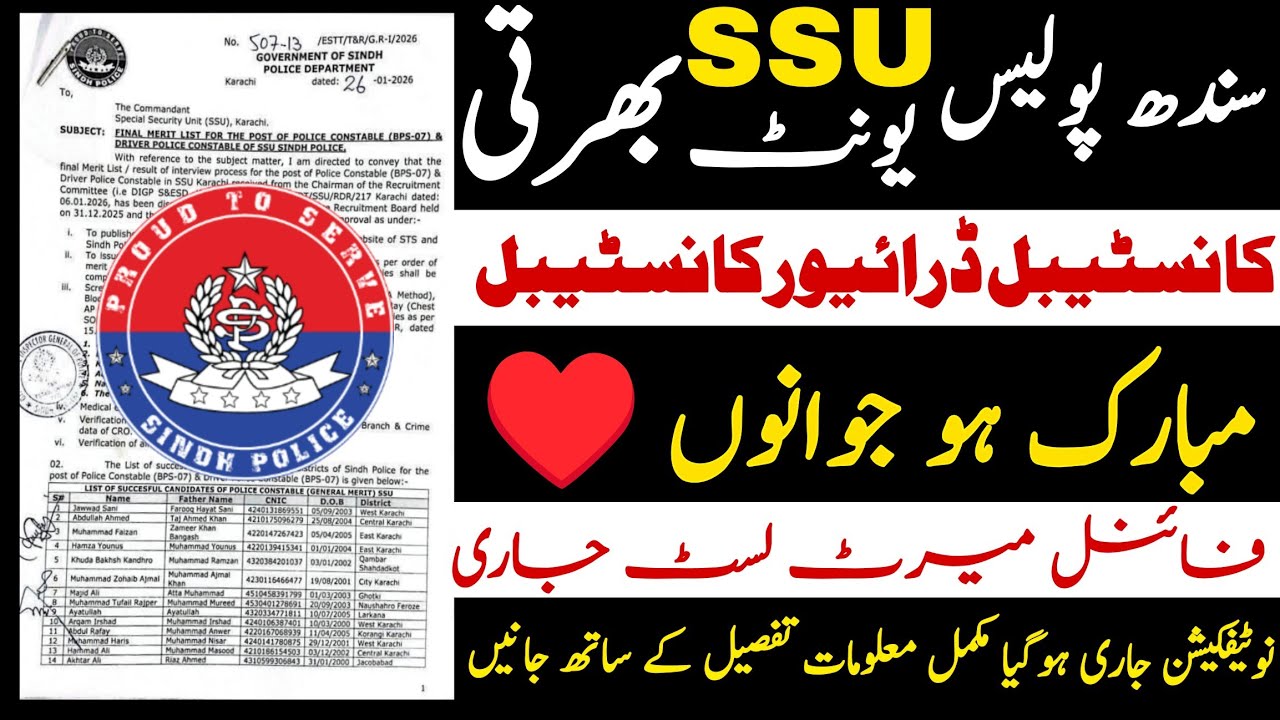 Sindh Police Ssu Unit Constable Driver Constable Job Final Merit List Issue | Technical Job Info 1.0