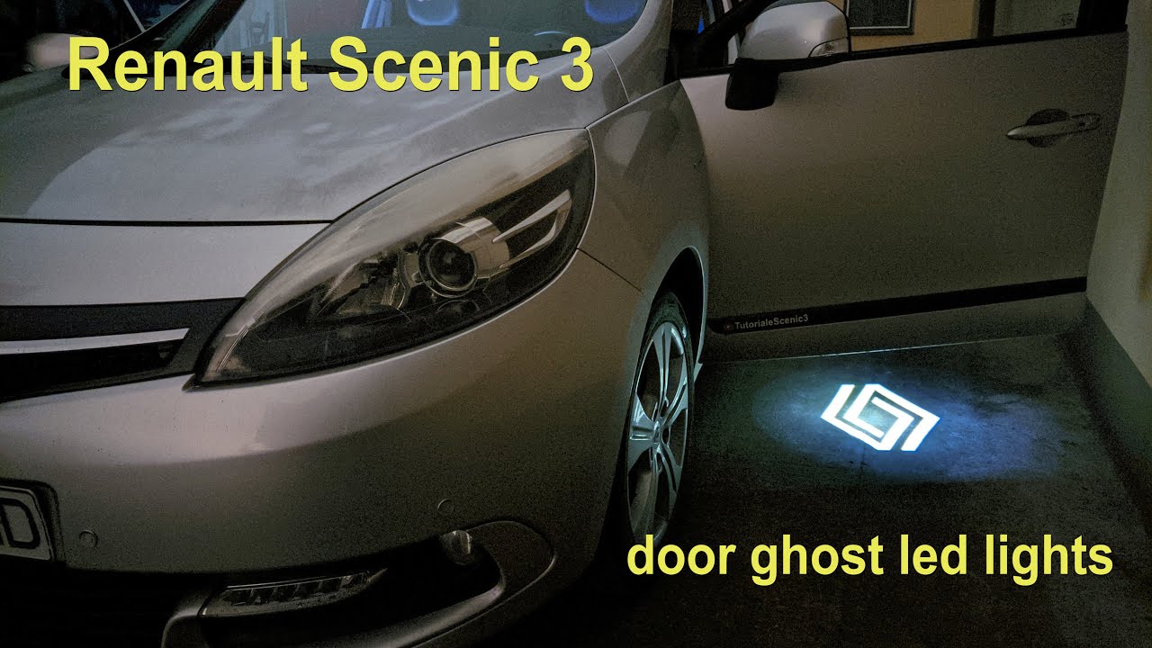 Instalat proiectoare led cu logo sigla Renault pe usa masinii, Renault Scenic 3