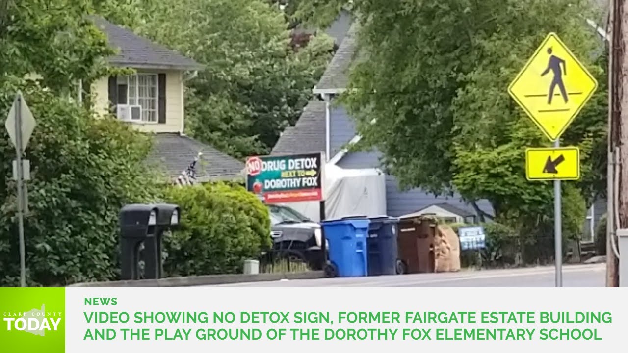 Video showing No Detox sign, former Fairgate Estate building and the play ground of the Dorothy Fox
