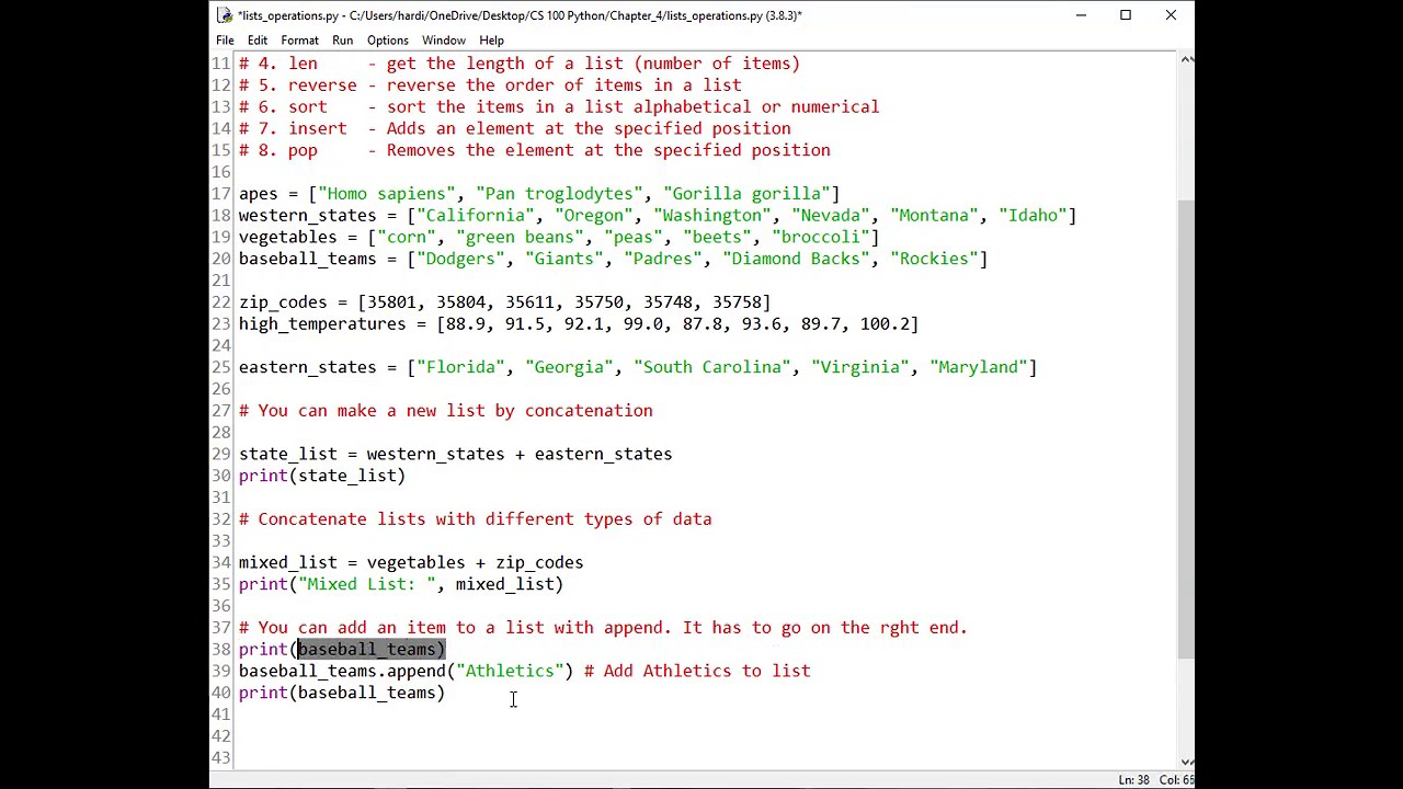 Operations on Lists in Python