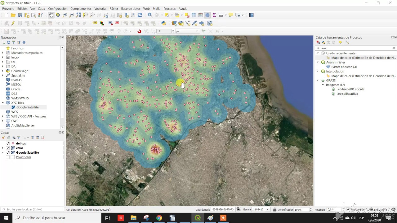 Ejemplo uso de la herramienta Mapa de Calor - Lecciones básicas de QGIS 3.12