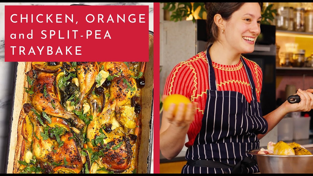 Chicken, date, orange and split-pea traybake