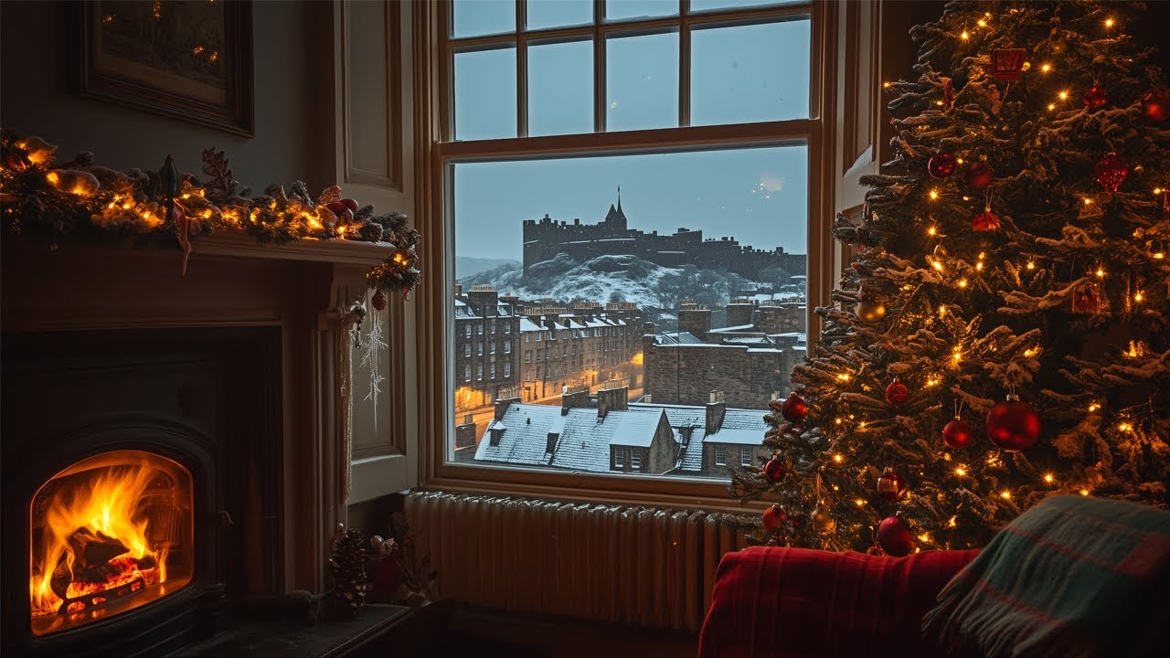 A Cozy Christmas Night In Edinburgh🎄 Snowfall Winter Ambience With Crackling Fireplace