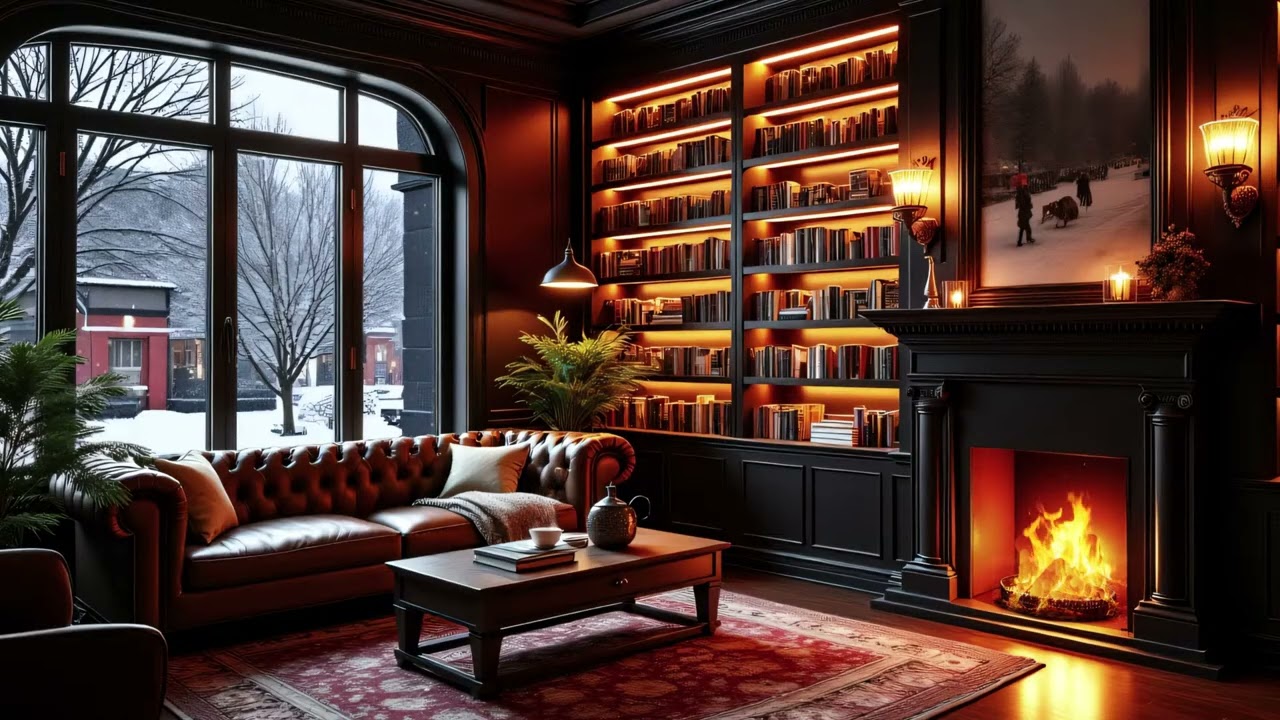 Elegant Winter Jazz Lounge | Warm Interior, Snowy Outside