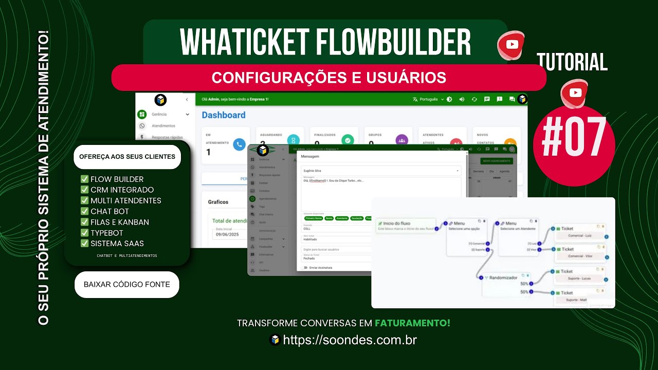 Whaticket  saas flowbuilder  multiatendimento - Menu configurações e usuários