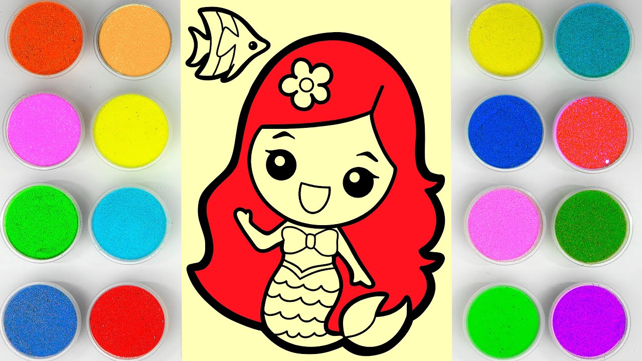 Sand painting and coloring long hair mermaid
