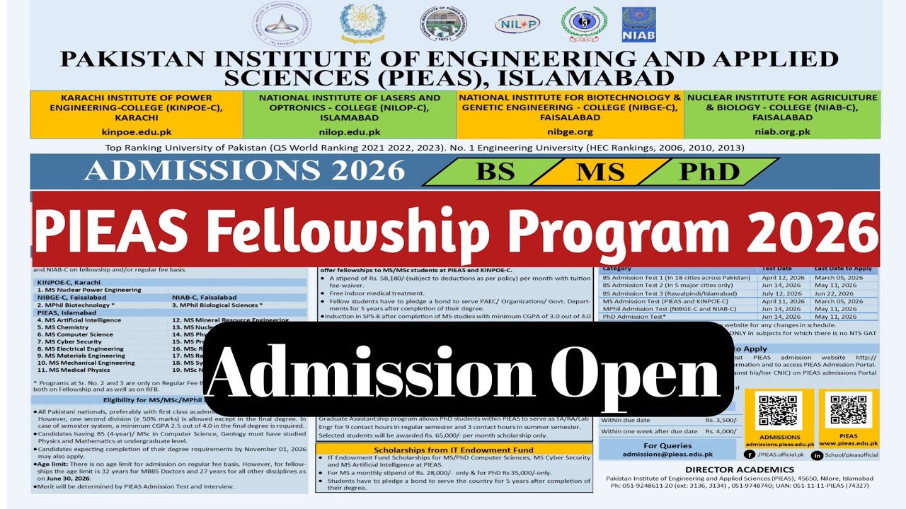 PIEAS Fellowship 2026 Apply Online | PIEAS Admission Schedule 2026 | PIEAS Fellowship Program 2026