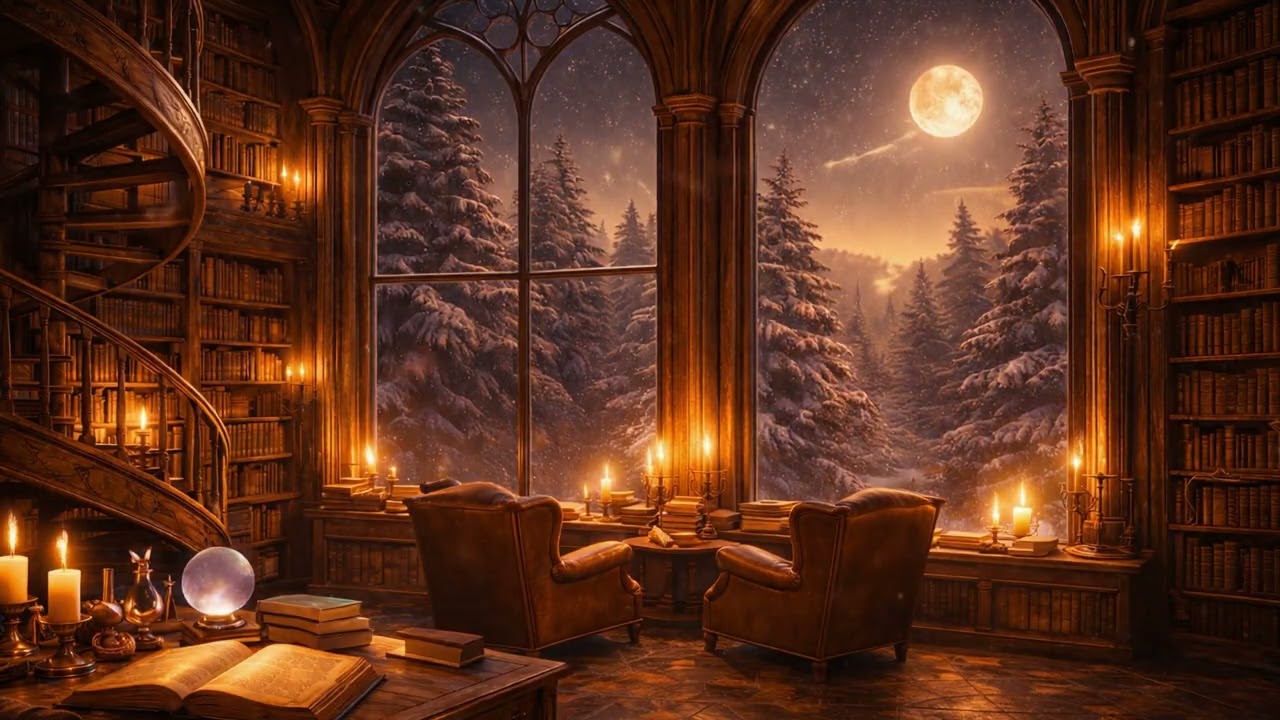 Magical Ancient Library at Night 🌙 Cozy Winter Screensaver with Soft Ambient Music