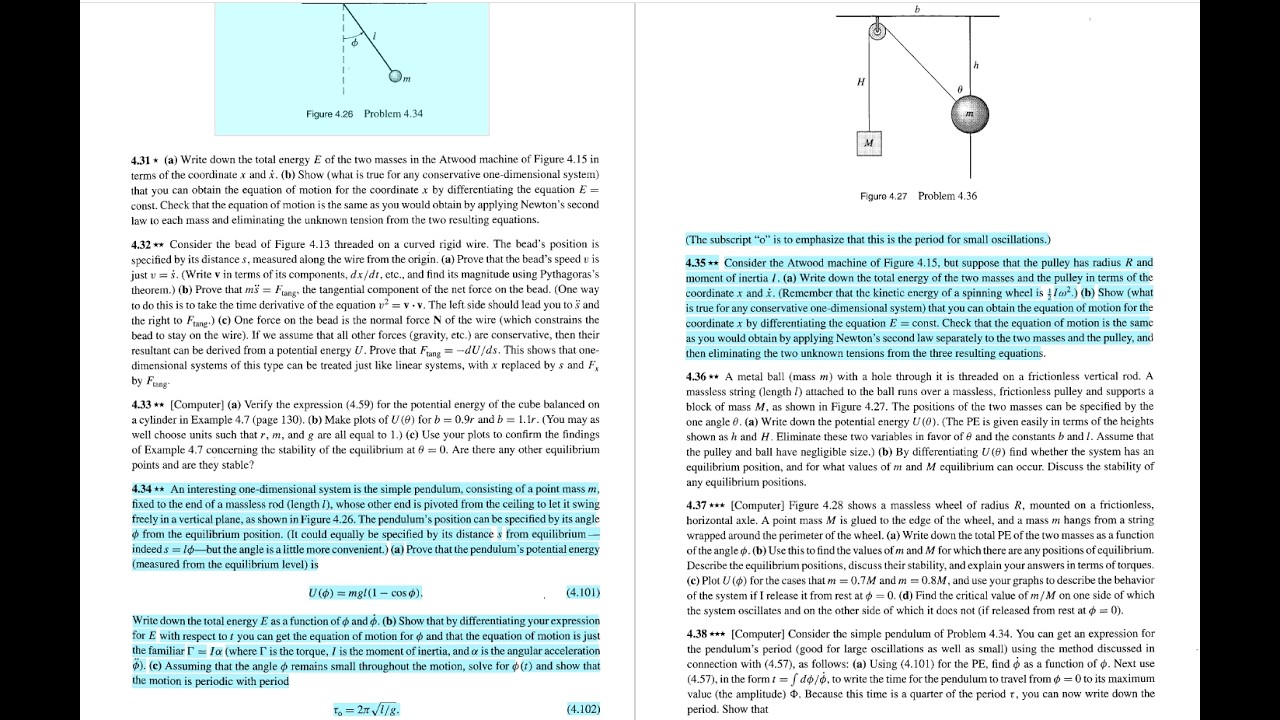Classical Mechanics - Taylor. Prob 4.34, 4.35: Simple Pendulum,  Atwood machine